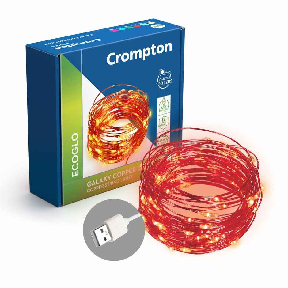 Crompton Galaxy Decoration Copper Usb Powered String Fairy Lights With 100 Led Light,Red
