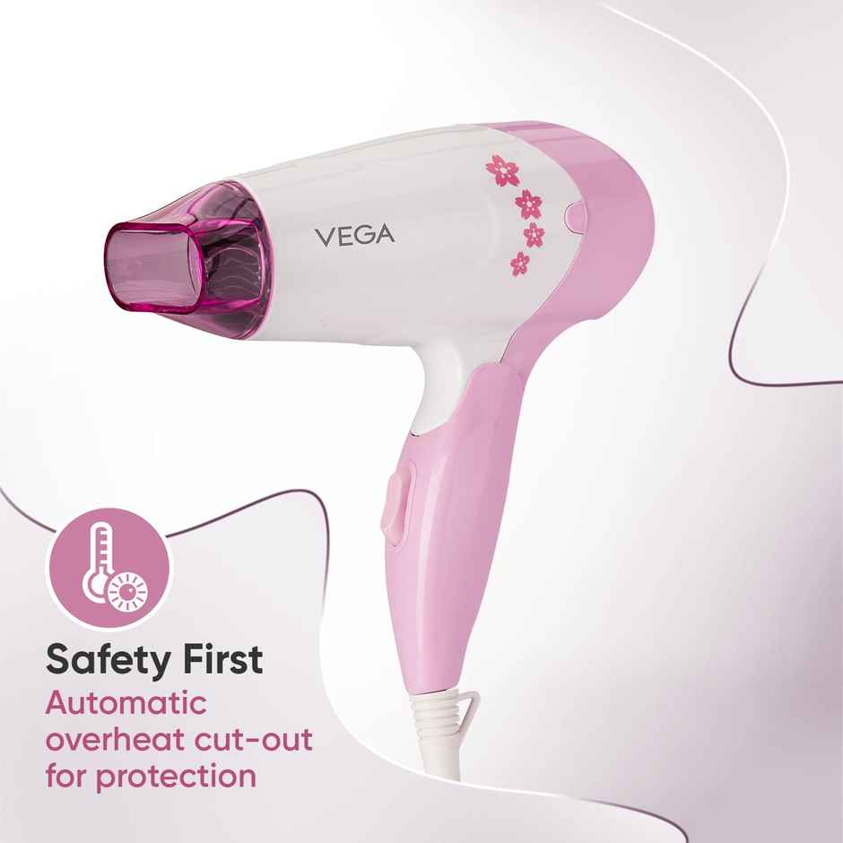 Vega Insta Glam Foldable 1000 Watts Hair Dryer with 2 Heat/Speed Settings, VHDH-20, (Made in India)