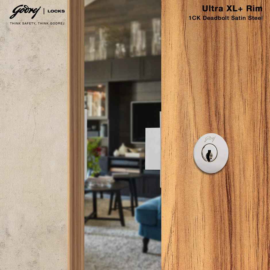 Godrej Rim Lock Ultra XL+ Deadbolt 1Ck | For Wooden Main Doors | Satin Nickel Finish