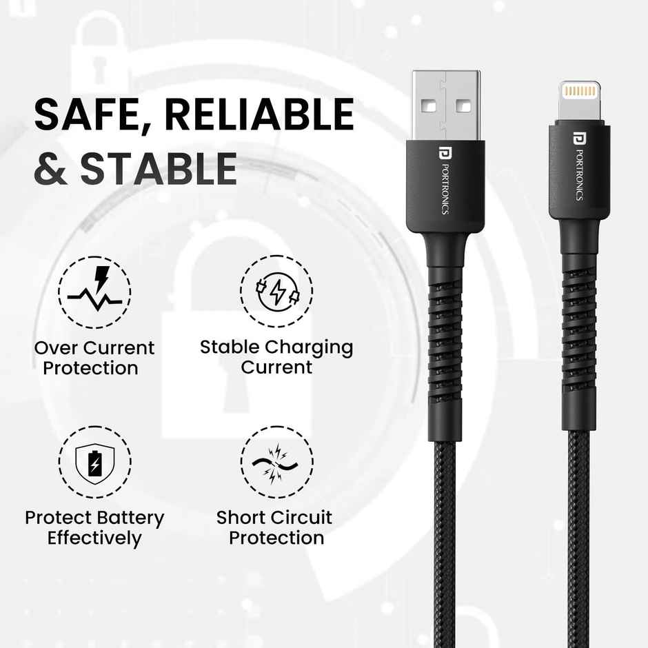 Portronics Konnect X 3A Unbreakable Nylon Braided USB to 8 Pin | Black - 2 m