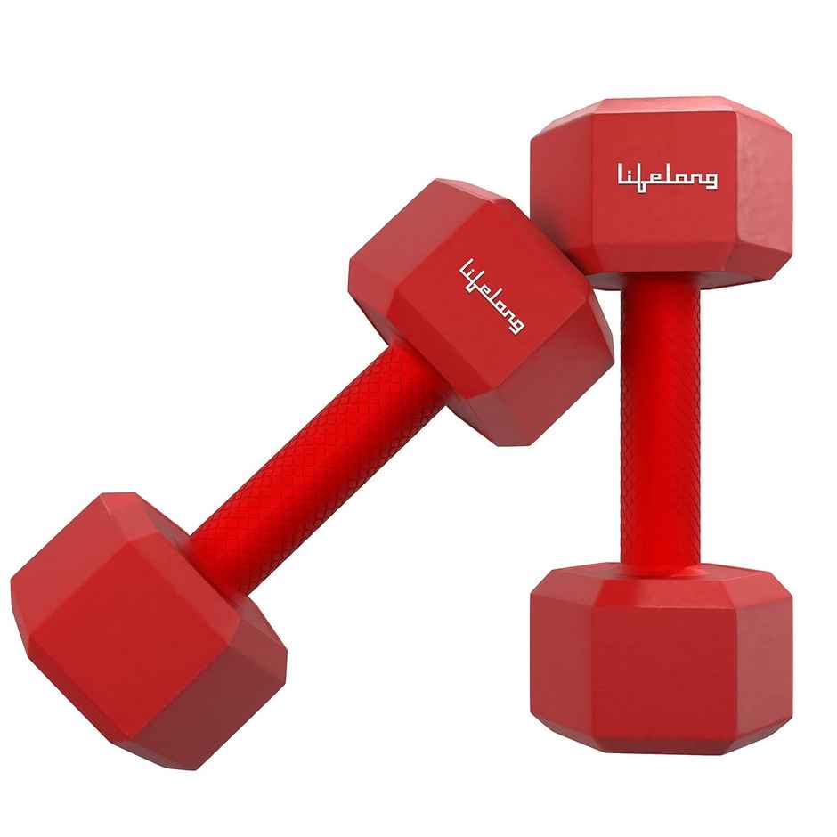 Lifelong Hex PVC Dumbbell Set (3 kg X 2) | Red | Home Gym | Home Workout | Fitness Barbell