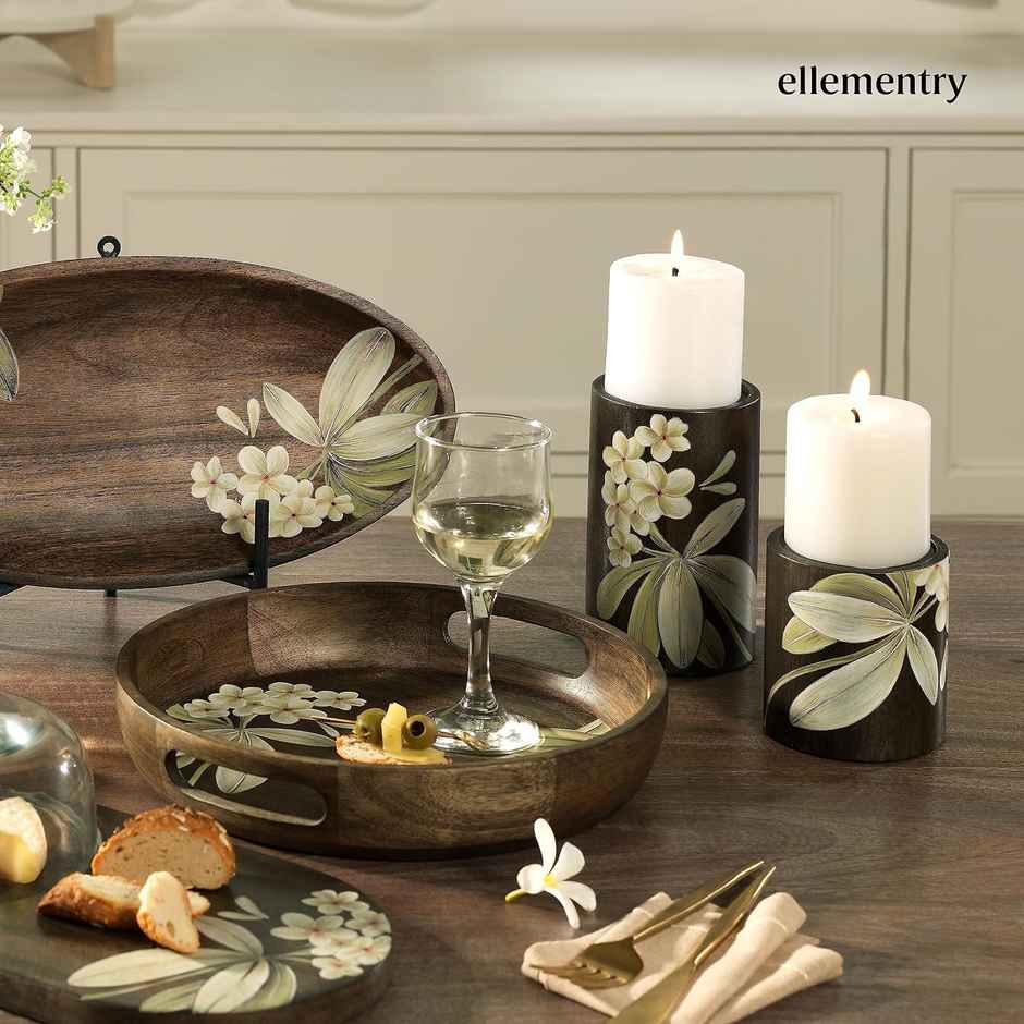 Frangipani Wooden Candle Holder | Small | Wood | Brown and olive green | Ellementry