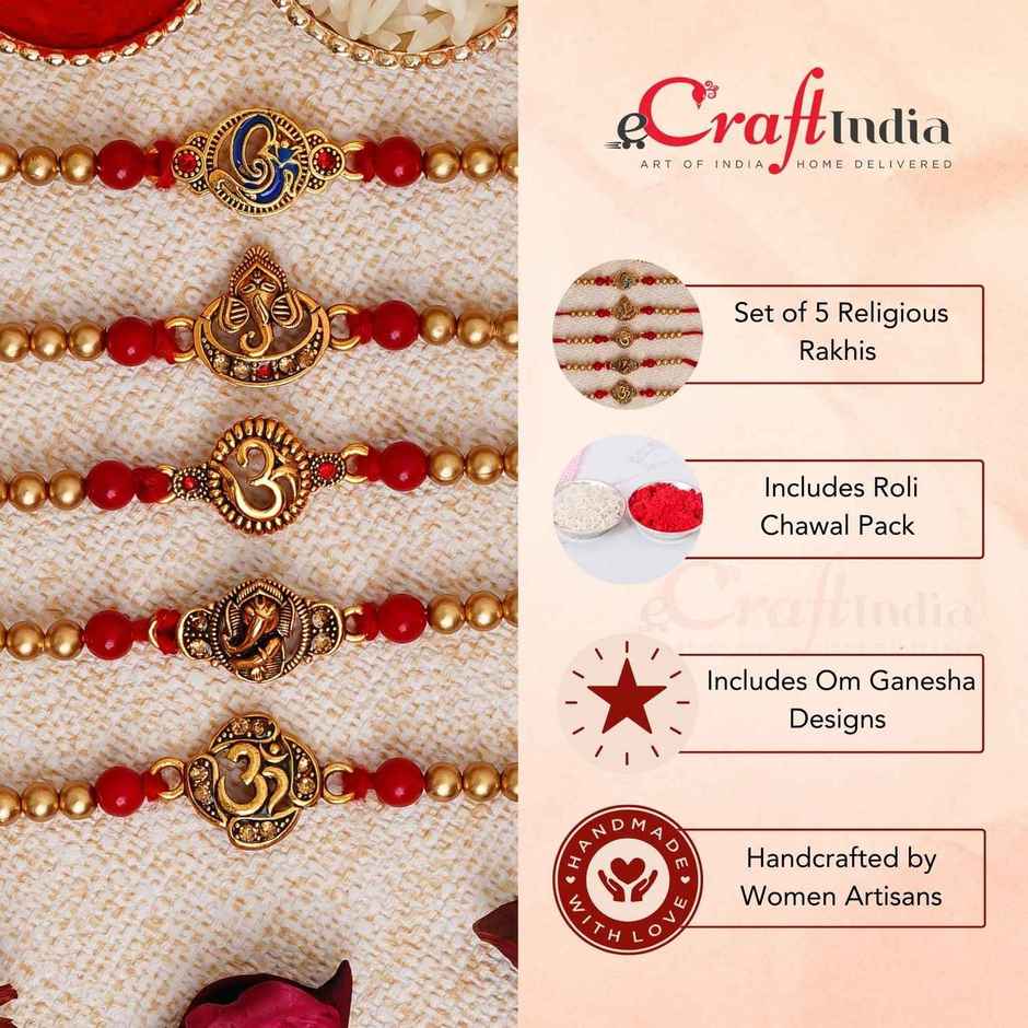 Religious Red & Golden Om Symbol and Lord Ganesha Designer Rakhis & Roli Chawal | Pack of 5 | Ecraftindia