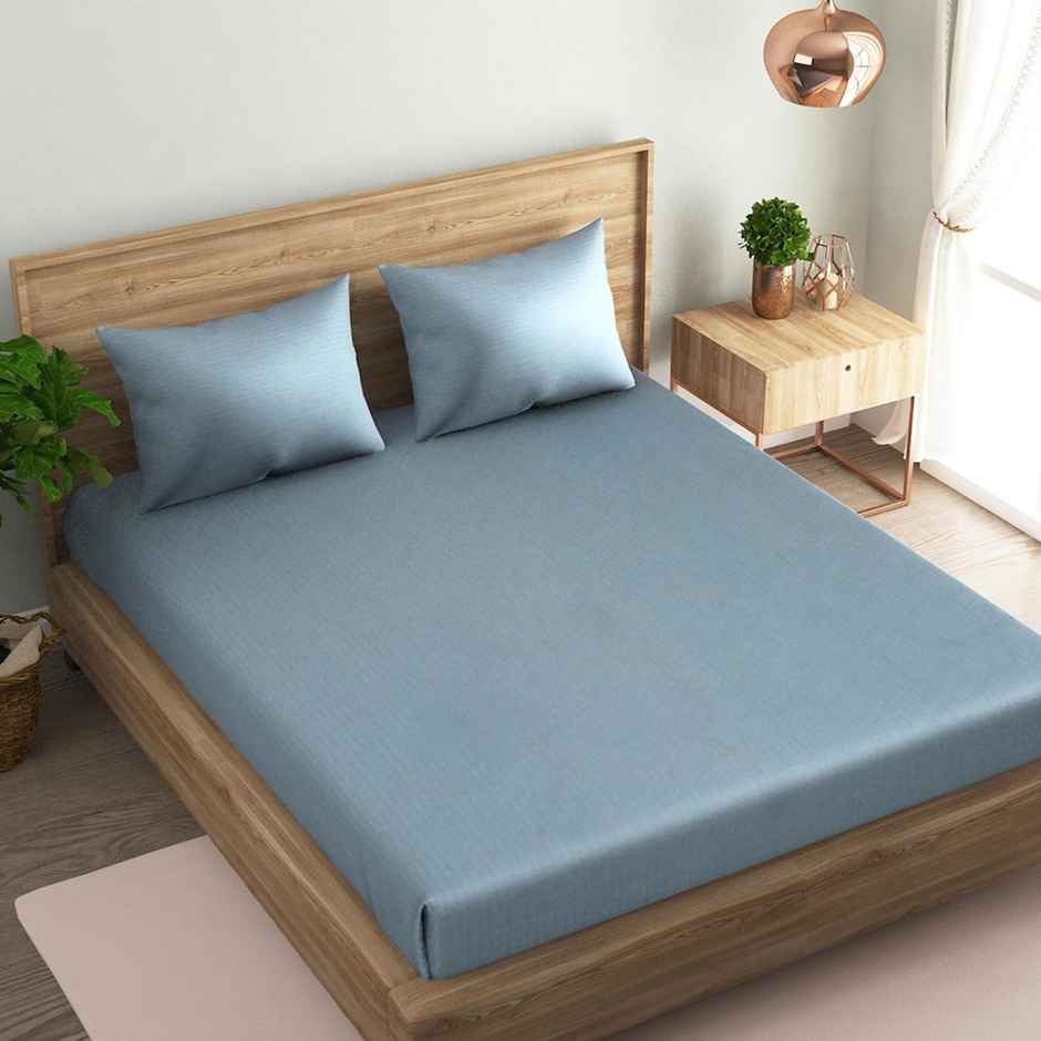 Naksh 100% Cotton 210 Tc Stripes Super King Bedsheet With 2 Pillow Covers - Jean Blue