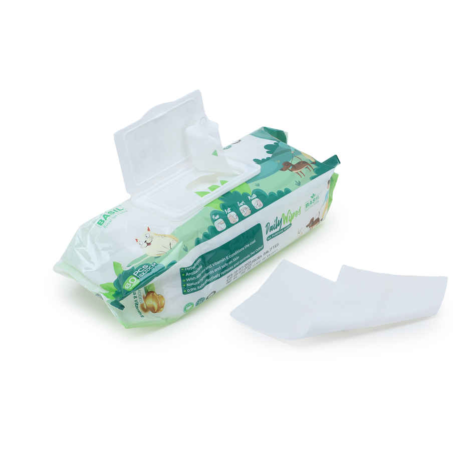 Basil Daily Pet Wipes for Dogs & Cats | Enriched with Aloe & Castor Oil | 80 Pulls Per Pacl