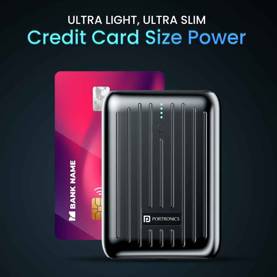 Portronics Zapcell 10k 10000mAh 22.5W Pocket Size Nano Powerbank with Compact and Light Weight Design,Type C PD Output/Input, Mach USB-A Output,Power Delivery,Quick Charge for iPhone, Androids - Black