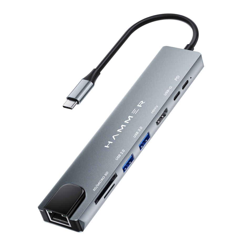 Hammer 8-in-1 USB-C Hub | 100W PD Charging, 5Gbps Data Transfer, HDMI 4K, RJ45 Ethernet Port | Grey