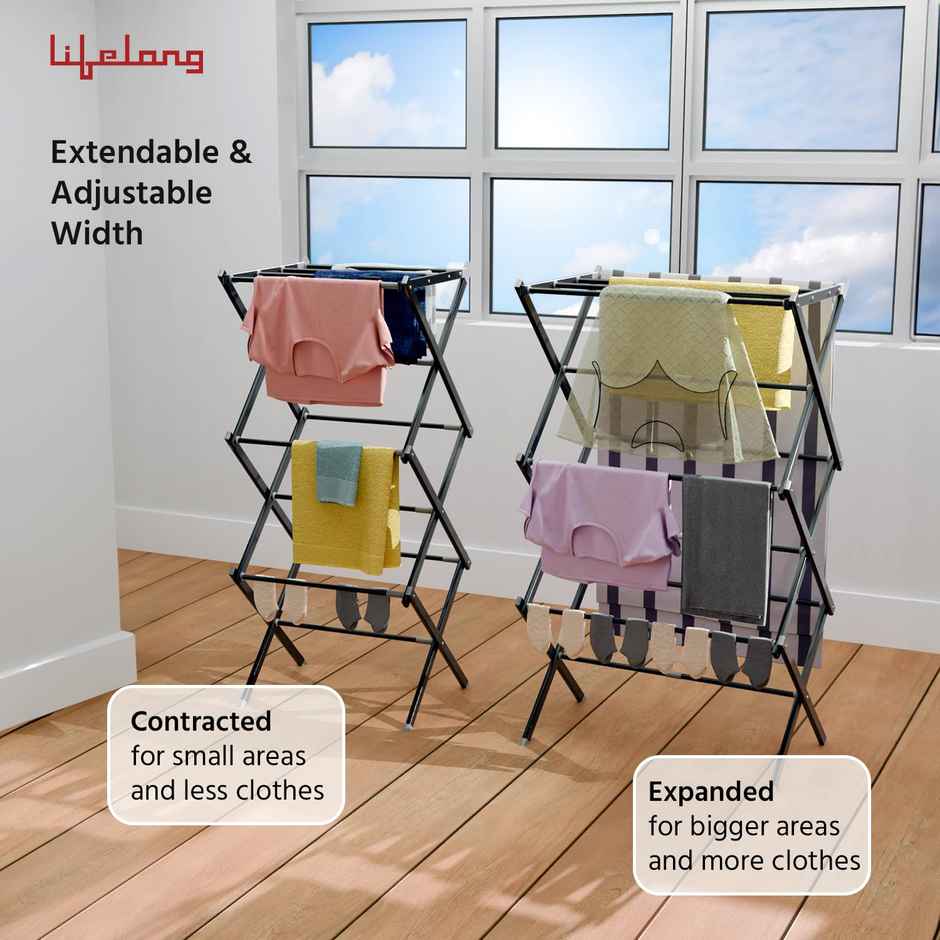 Lifelong Clothes Drying Stand Foldable Hanging Stand | Extendable Width | Portable & Easy to Store