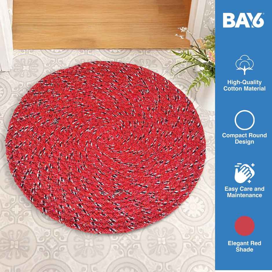 BAY6 Aura Cotton Round Floor Mat | Red | 40 x 40 cm | Pack of 2