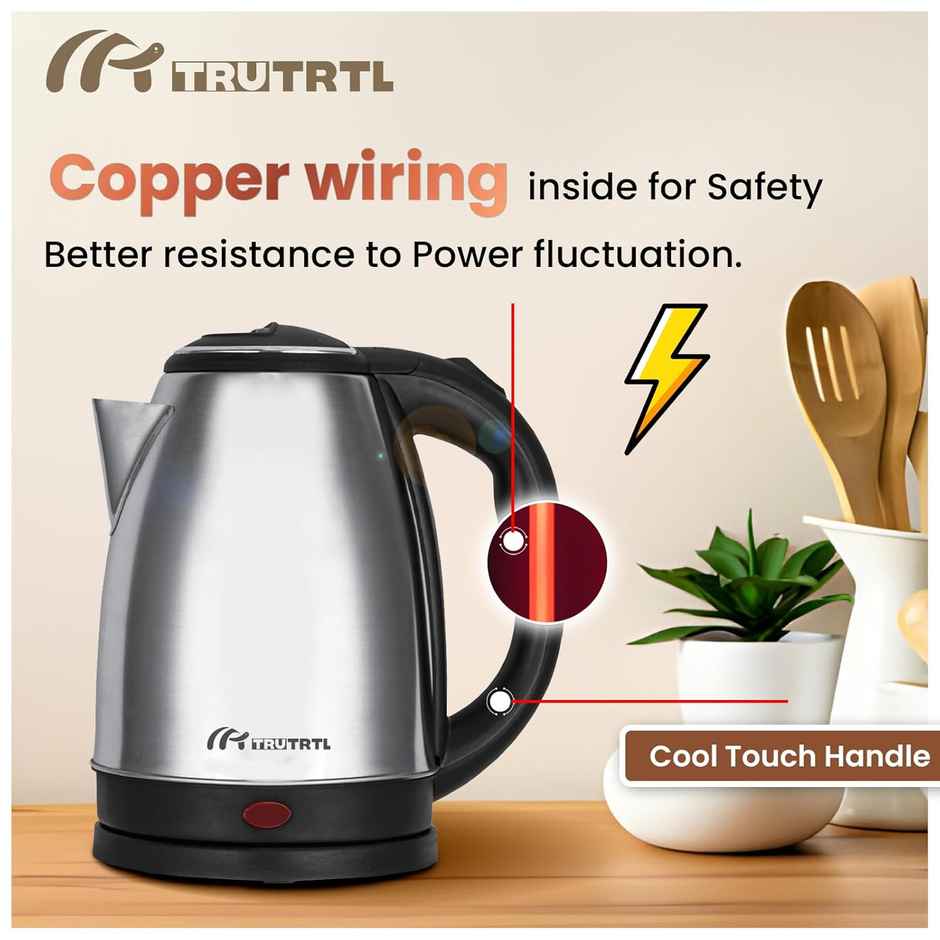 truTRTL 1500W Sizzle Electric Kettle for Boiling & Hot Water, 1.5 Litre, Inner Lid Stainless Steel, 0.26mm thick SS body, Auto cut off - Silver & Black