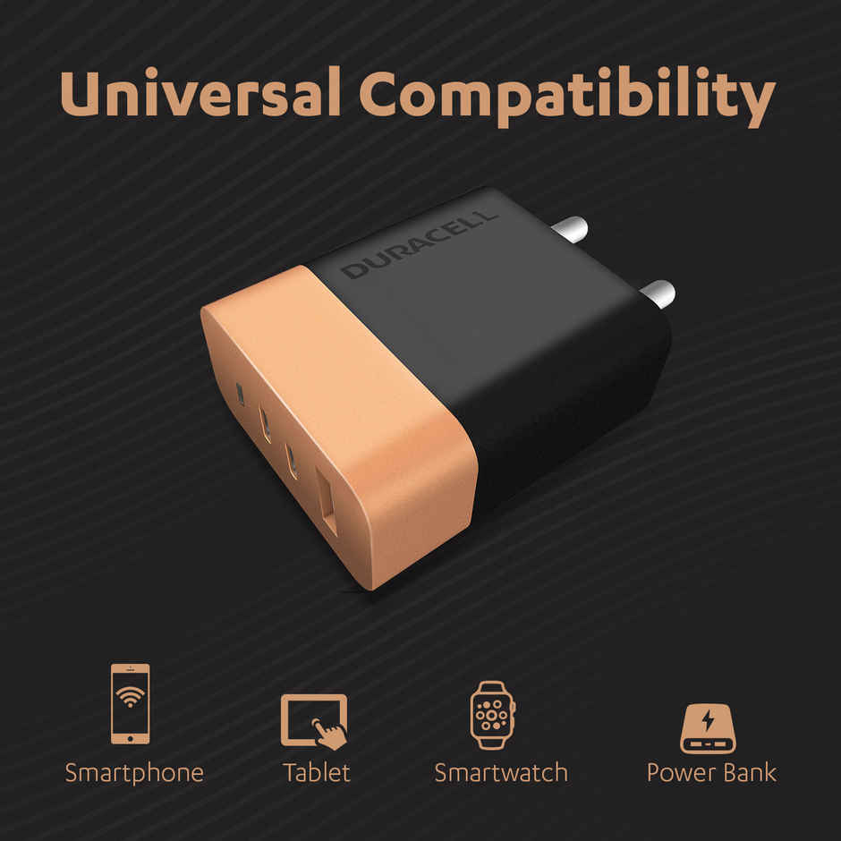 Duracell 65W Fast Wall Charger Adapter, 3 Port, 1 USB A, 2USB C,Fast Charging