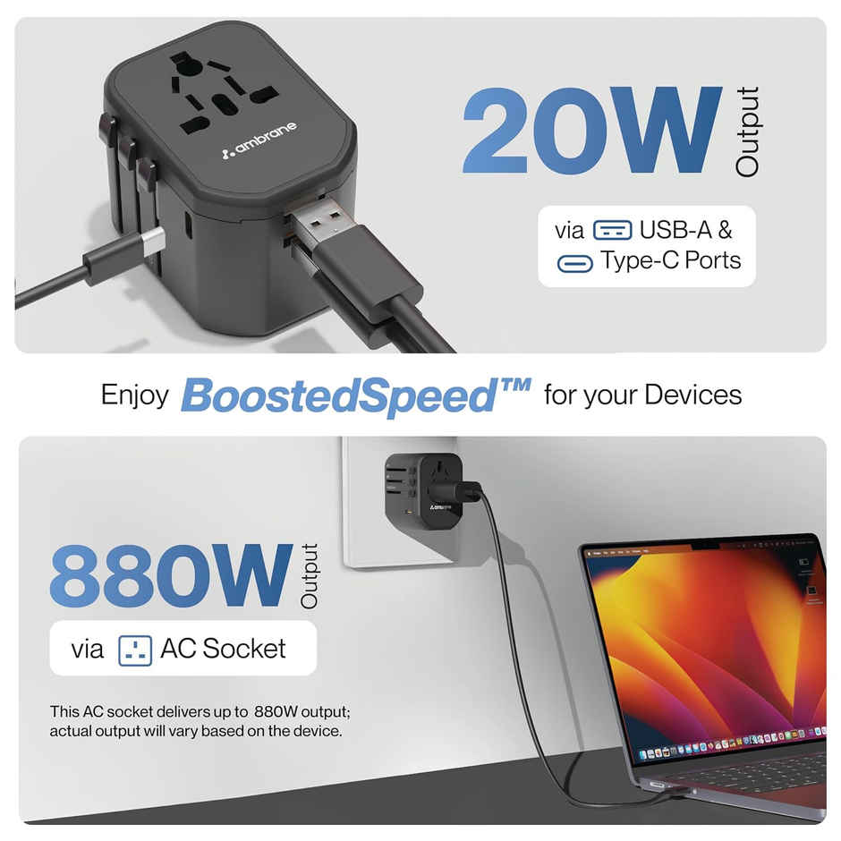 Ambrane (ATA-01) Universal Travel Adapter,4 in 1 Fast Charging; 1 Type C (20W),2 USB (20W) & 1 AC Socket (880W) with 3 Removable Pins for EU,UK and USA/AUS and Other Countries for Modern Travel - Black
