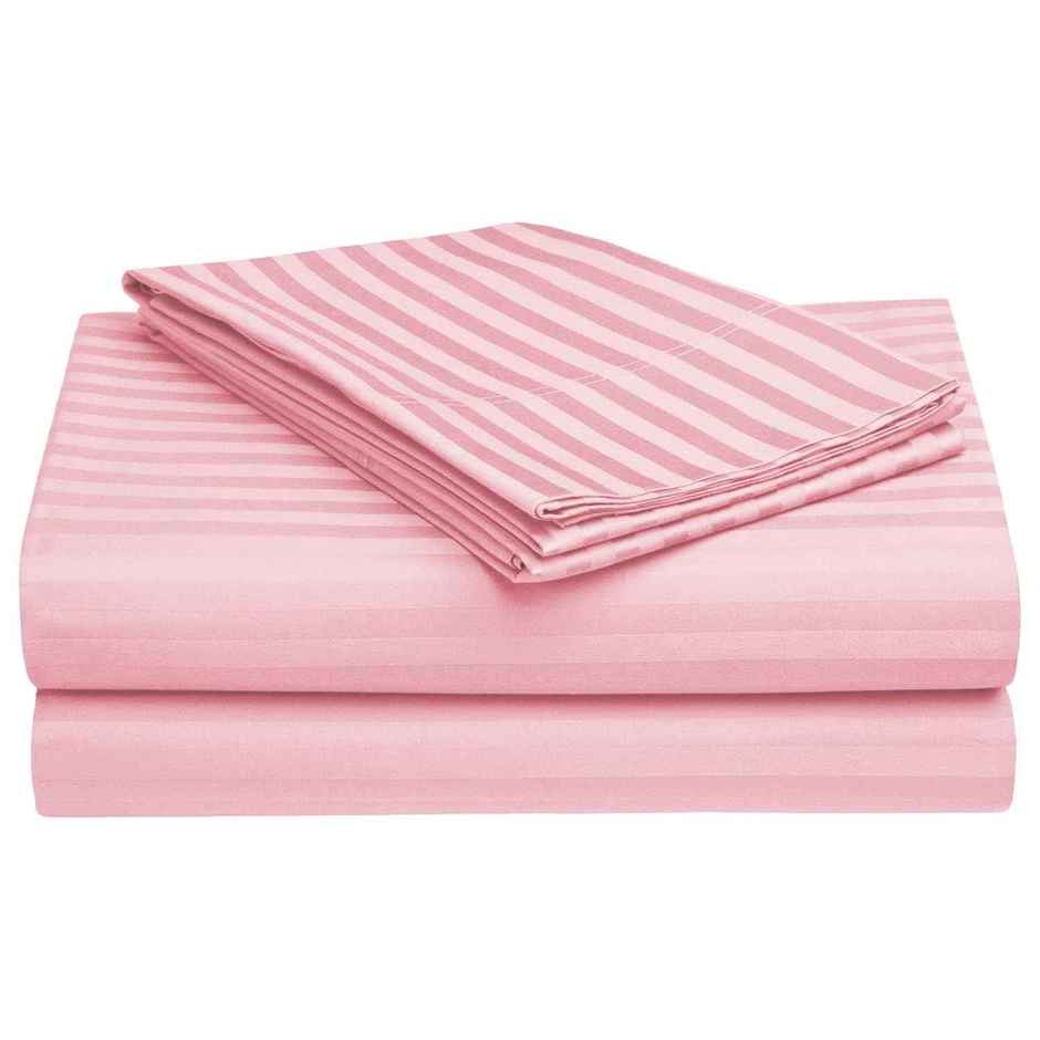 BAY6 King Size 100% Cotton 210 TC Satin Stripe Super Bedsheet | Baby Pink | 108 x 108 in