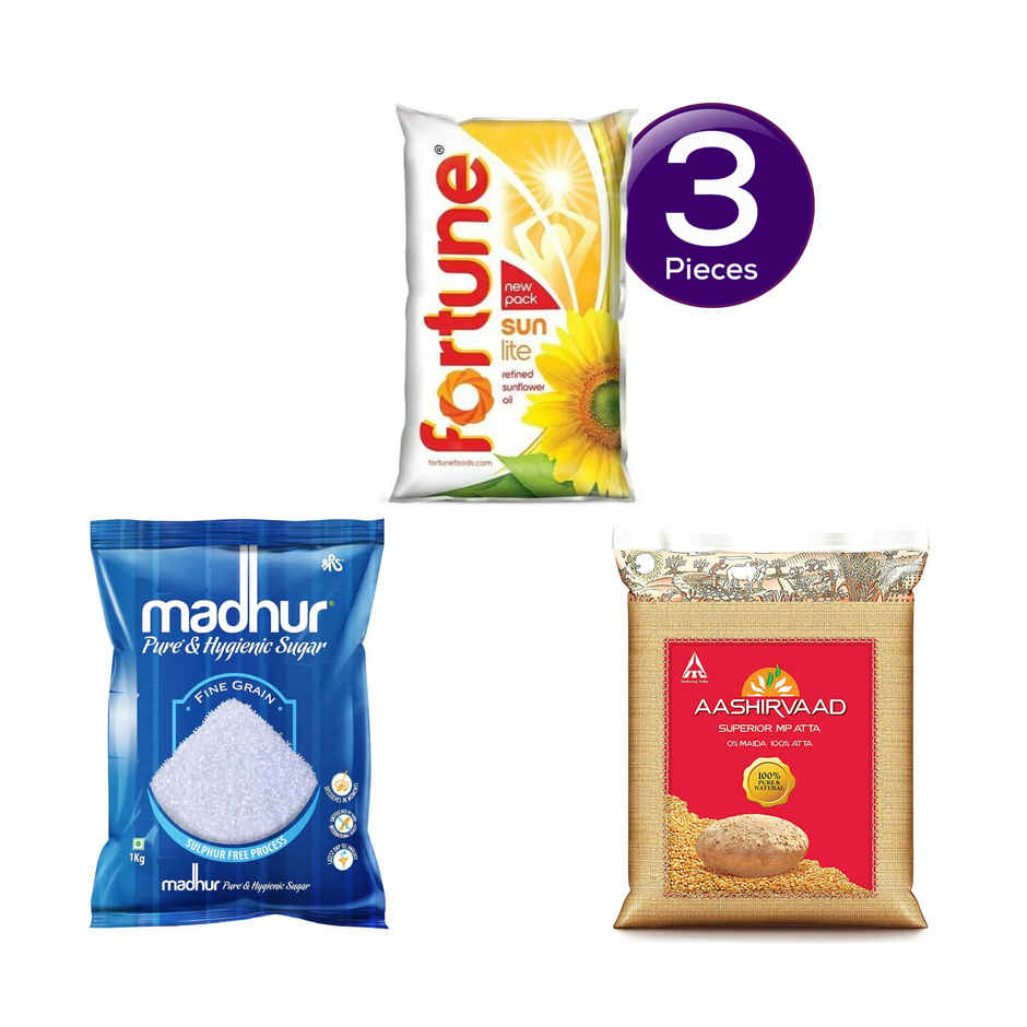 Fortune Sunlite Refined Sunflower Oil (Pouch)(1 l), Madhur Sugar/Sakkare - Refined(1 kg) & Aashirvaad Superior MP Whole Wheat Atta(5 kg) Combo
