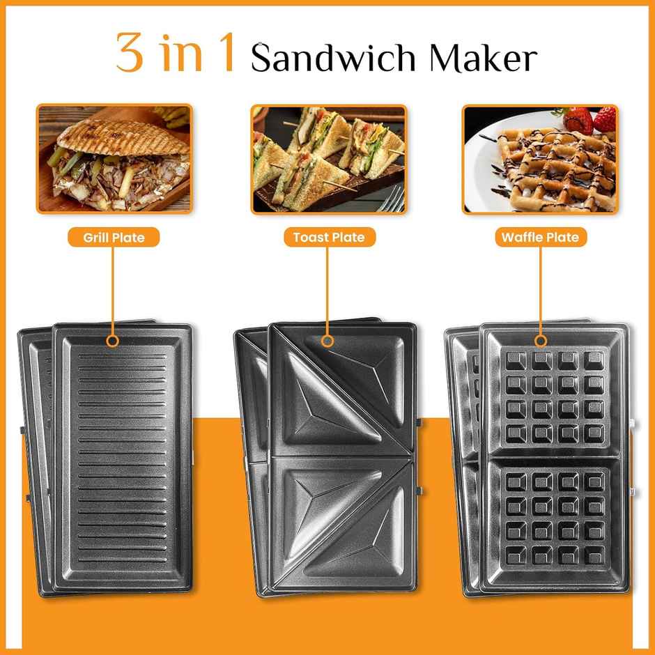 truTRTL Premium 3-in-1 Sandwich Maker Electric with Detachable Plates| 800W| Silver