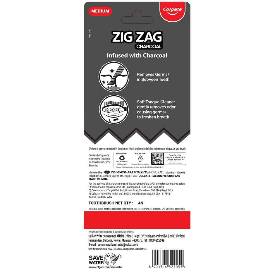 Colgate ZigZag Charcoal Medium Bristle Manual Toothbrush for Adults