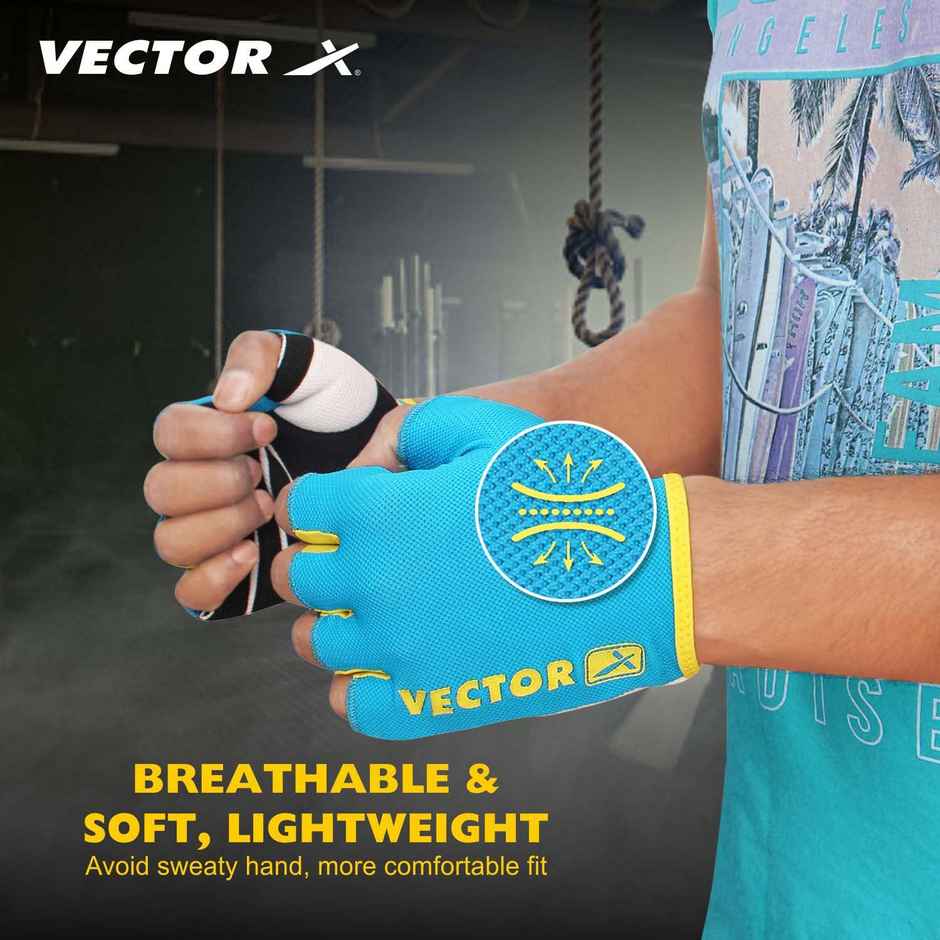 Vector X Unisex Workout Fingerless Weight Lifting Gloves, Excellent Grip | Blue-Black-M