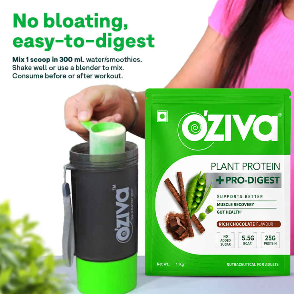 Oziva Bioactive Plant Protein Powder , 25g Protein | 5.5g Bcaa | Eaa | Sugar Free - Choclate , 1 Kg