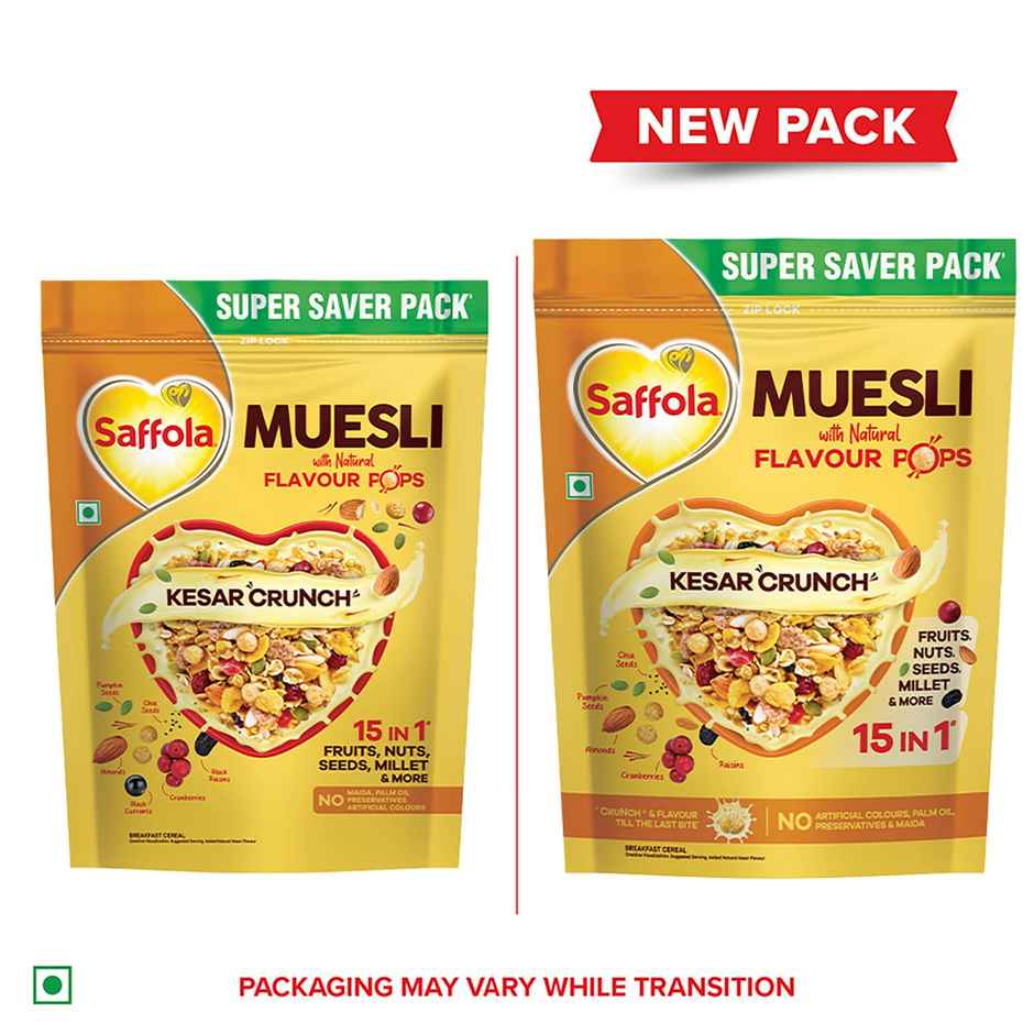 Saffola Muesli Kesar Crunch With Flavour Pops | 15 In 1 Fruit And Nuts | Seeds, Millet & More