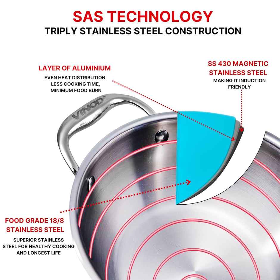 Vinod Platinum Triply Stainless Steel Extra Deep Kadai With Lid - 18 Cm, 1.2 L (Induction Friendly)