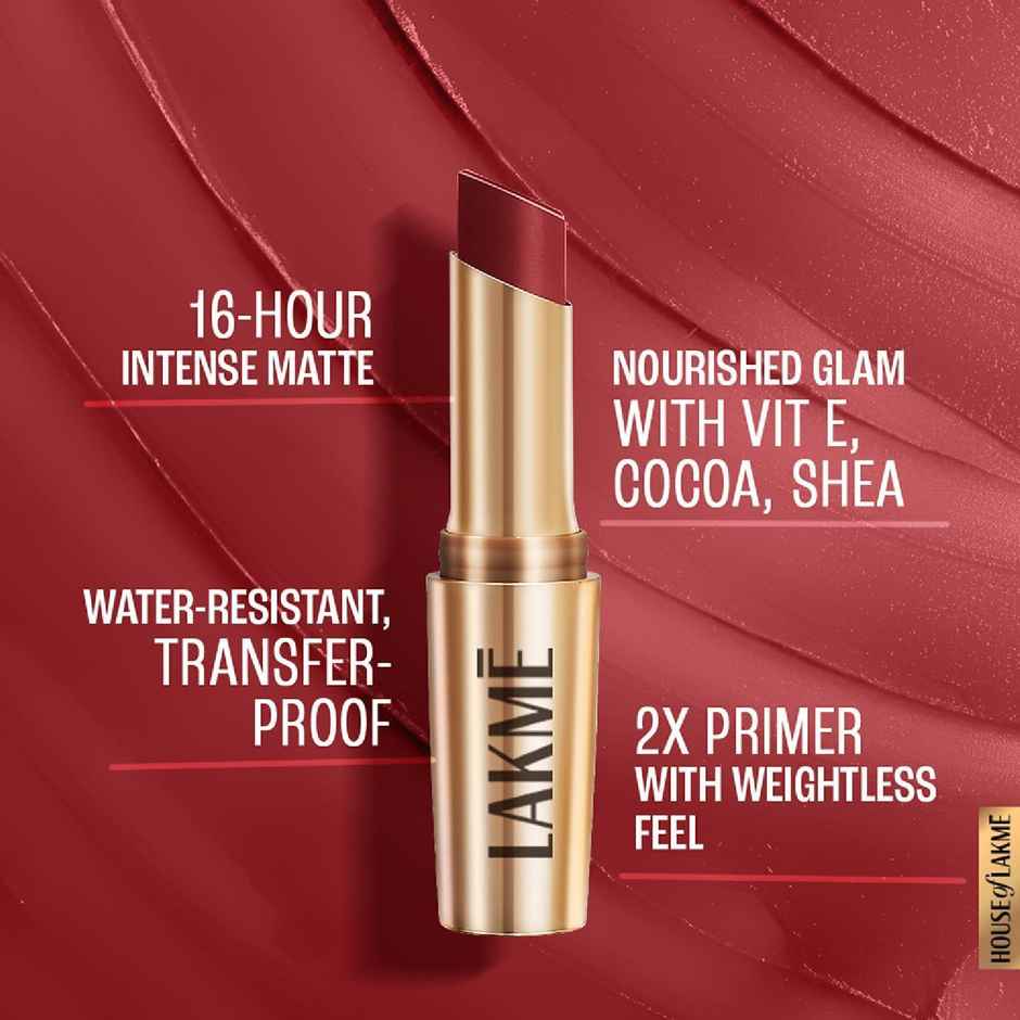 Lakme 9to5 Powerplay Priming Matte Lipstick, Lasts 16hrs, Cherry Chic