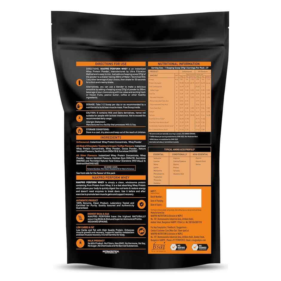 Nakpro Perform Whey Protein Concentrate Unflavoured 26G Protein 5.7G Bcaa