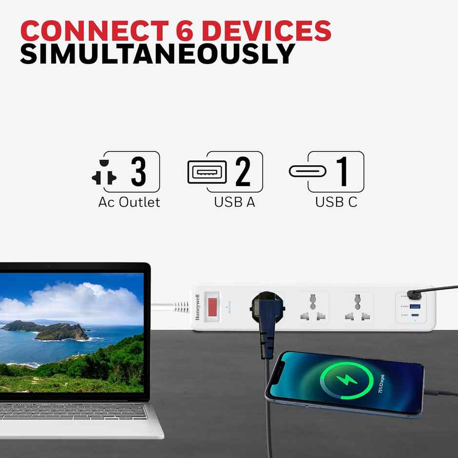Honeywell 3 Outlet Surge Protector With 1Xtype C With Pd & 2Xusb