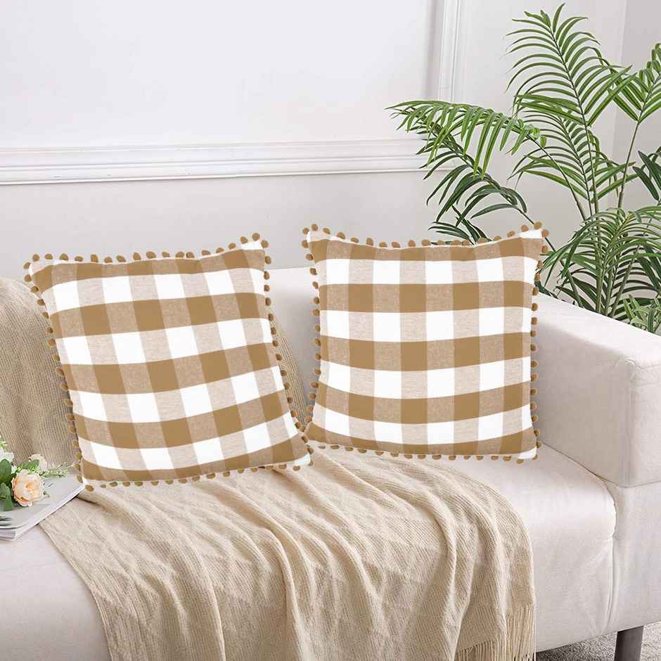 Lushomes Cotton Cushion Covers - Beige White Checks | Pom Pom | 16 x 16 inch