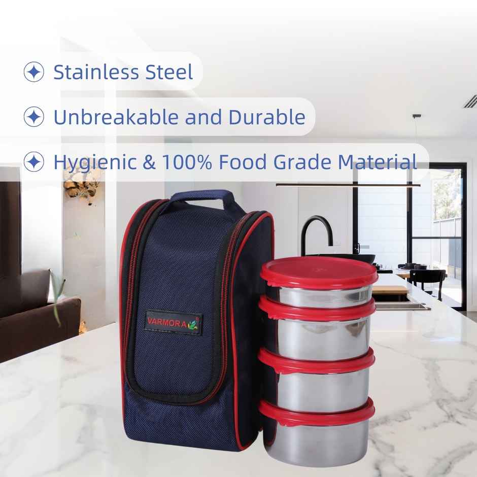 Varmora SS Mini Xclusive Lunch Box- Raspberry Pink - 4 Storage Containers with Spoon and Fork