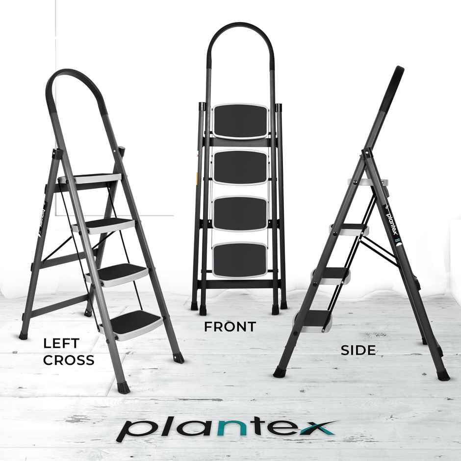 Plantex Foldable 4-Step Steel Ladder for Home with Anti-Skid Steps - Gray and White