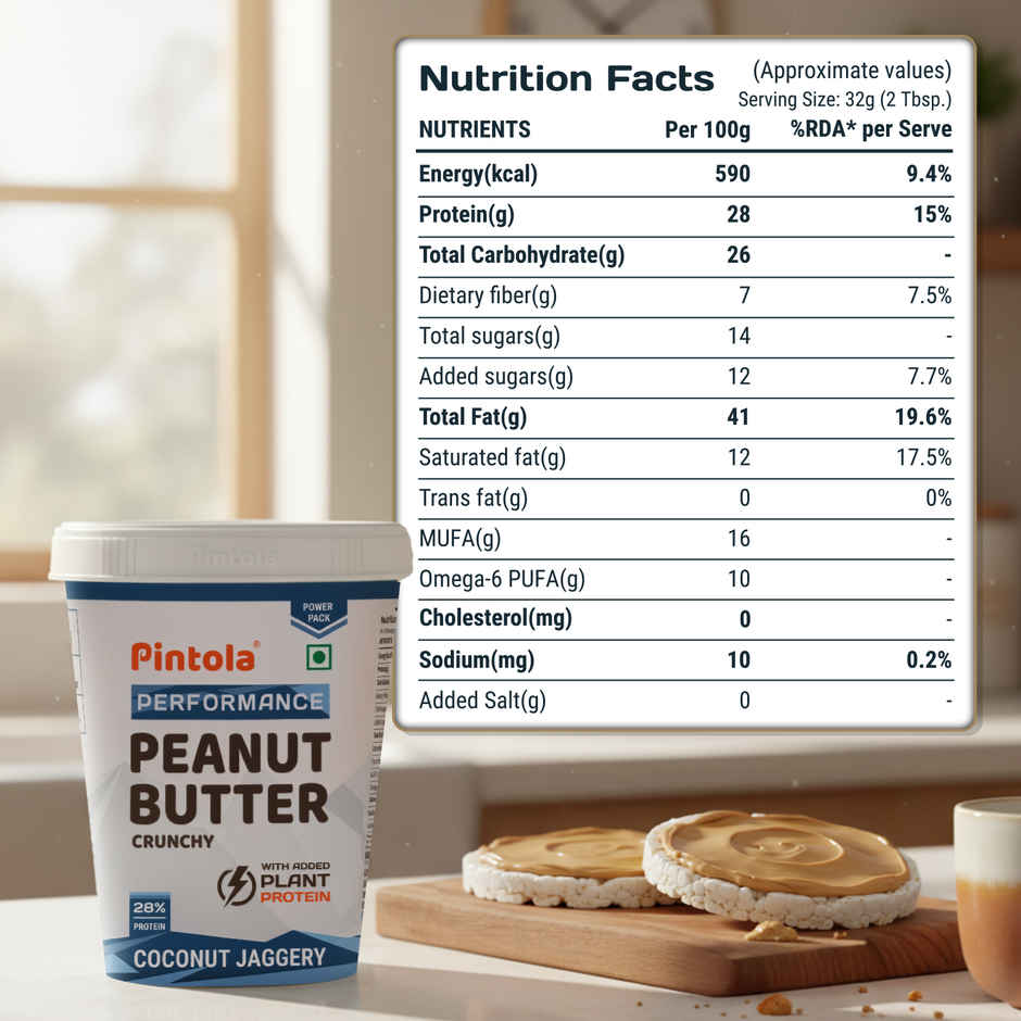 Pintola Coconut Jaggery Performance Series Peanut Butter (Crunchy) Vegan Protein 28% Protein