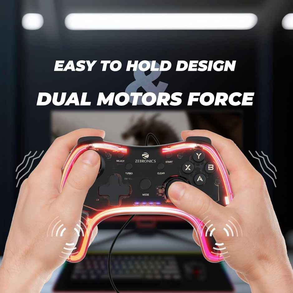 Zebronics MAX FURY Transparent RGB LED Illuminated Wired Gamepad for Windows PC, Android, with Dual analog sticks, Quad front triggers, Dual motors force, Haptic Feedback