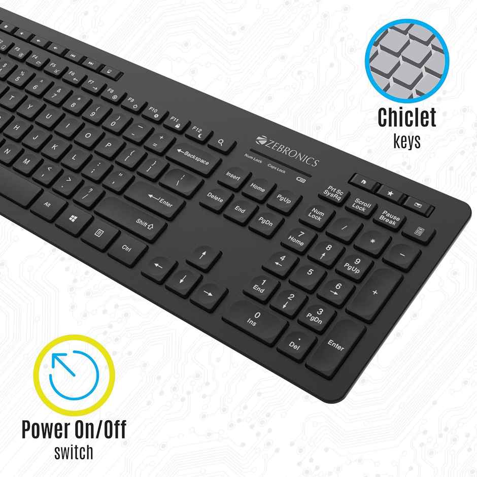 Zebronics Zeb-Companion 500 2.4GHz Wireless Keyboard & Mouse Combo, USB Nano Receiver, Chiclet Keys, Ultra Silent, Power On/Off Switch, Rupee Key, for PC/Mac/Laptop - Black