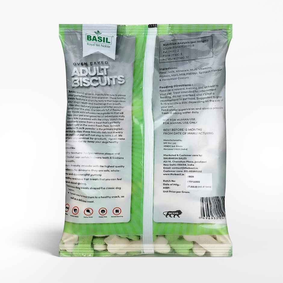 Basil Real Milk Dog Biscuits | Veg Bone Shape Treats for Adult Dogs | All Breeds