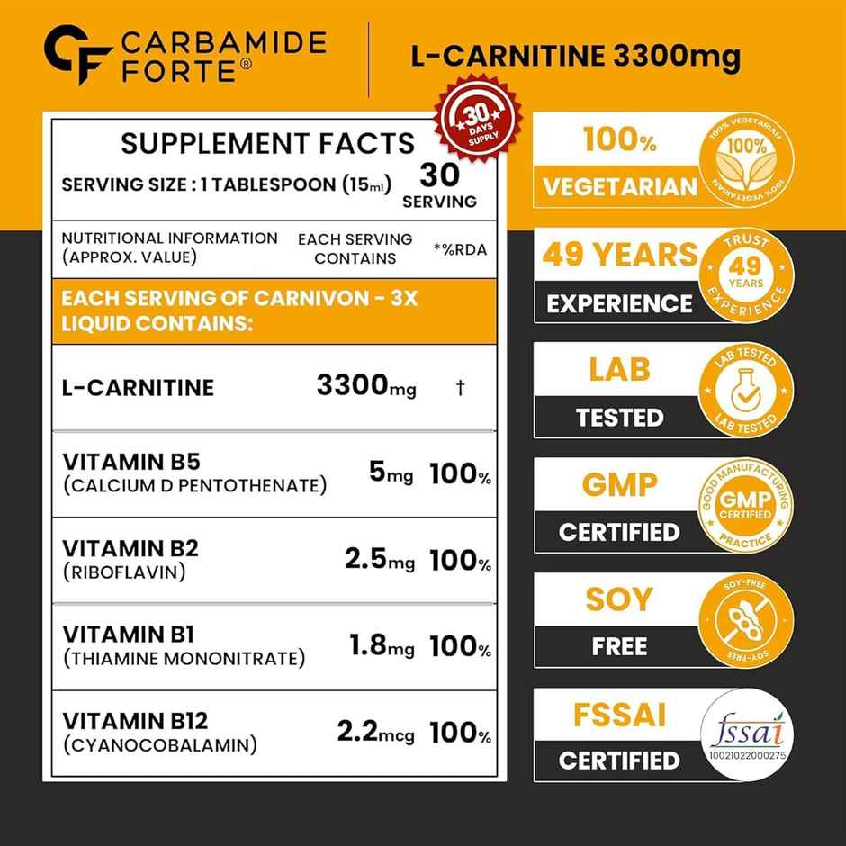 Carbamide Forte L Carnitine Liquid 3300mg L-Carnitine Liquid With Vitamins L'Carnitine Supplement