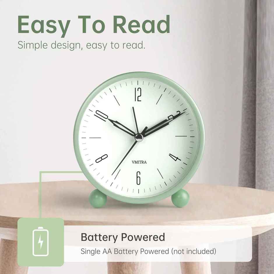 Perpetual Plastic Analog Alarm Clock | Super Silent Non Ticking Small Clock | Light Green - 4 in