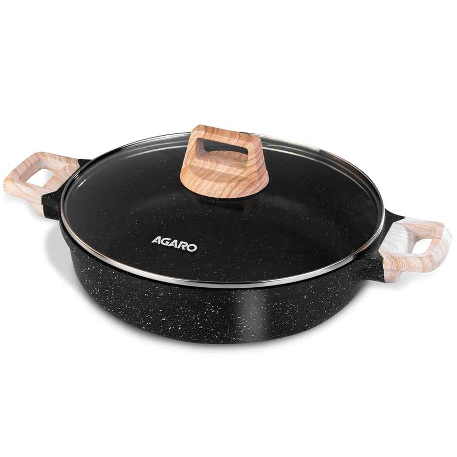Agaro Imperial Granite Non Stick Kadai With Glass Lid, 2.8L - 24Cm, Deep Frying Pan Dark Grey