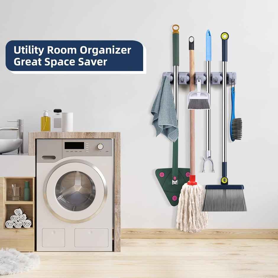 Urbanfix Bulfyss Mop & Broom Holder | Wall Mounted 4 Slot with 5 Hook Cleaning Supplies Organizer