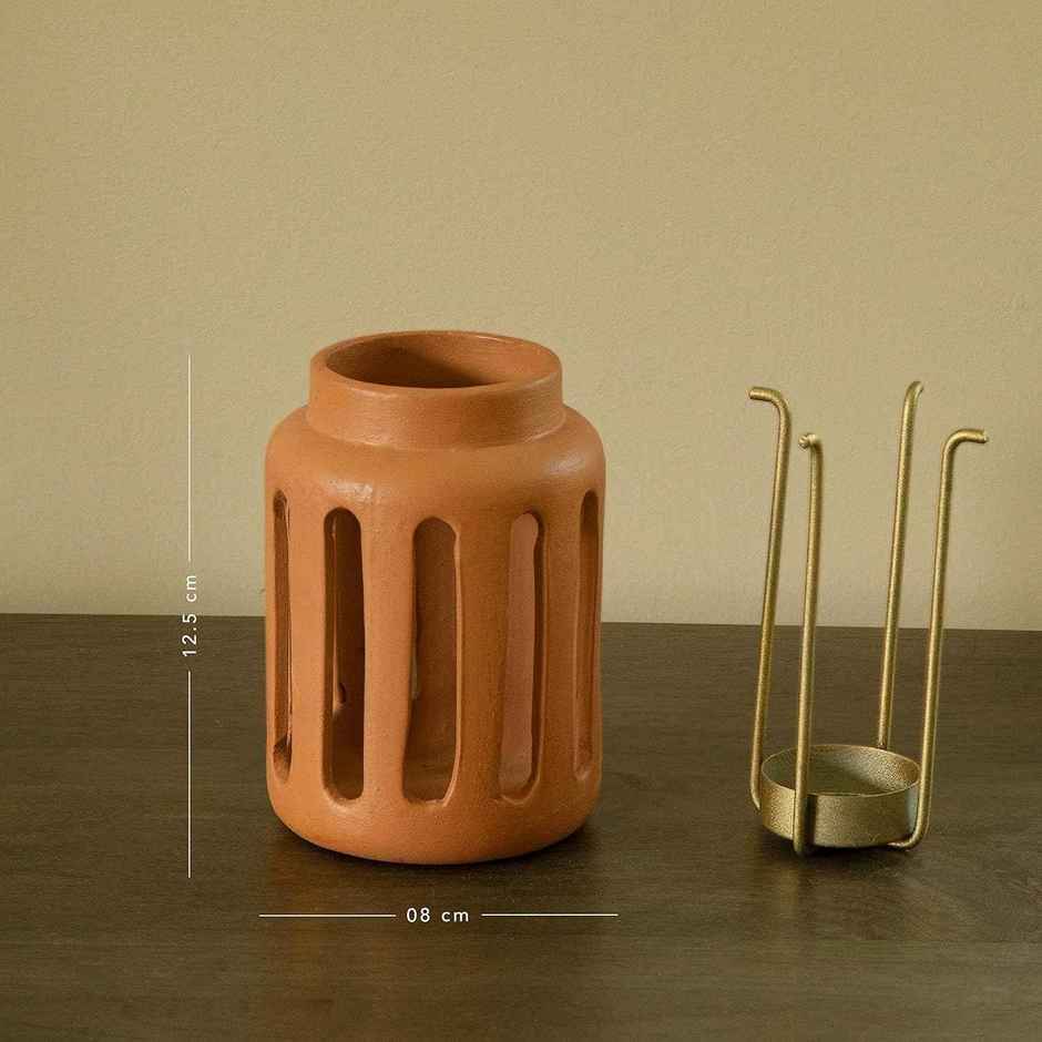 Lupa Terracotta Round Lantern with Metal Handle | Small | Ellementry