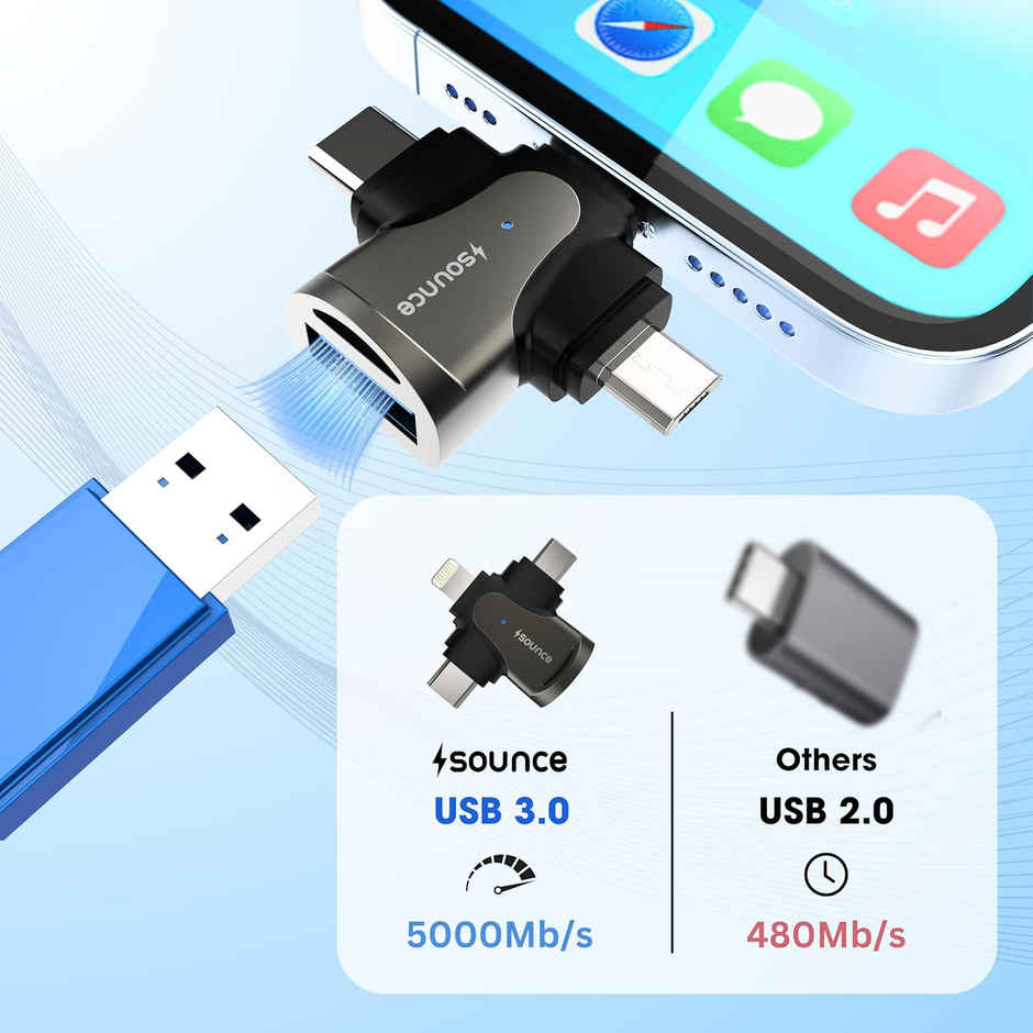 Sounce 4 in 1 OTG Adapter Converter with Lightning, Type C, Micro USB, USB 3.0 Port, Black