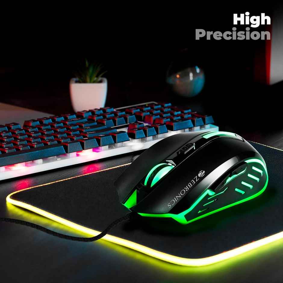 ZEBRONICS Sniper High Precision Wired Gaming Mouse with 6 Buttons, Multicolor LED Lights, DPI Switch with 800/1200/1600/2400 DPI s, Plug & Play, 1 Million Clicks, 87 Grams Light Mouse