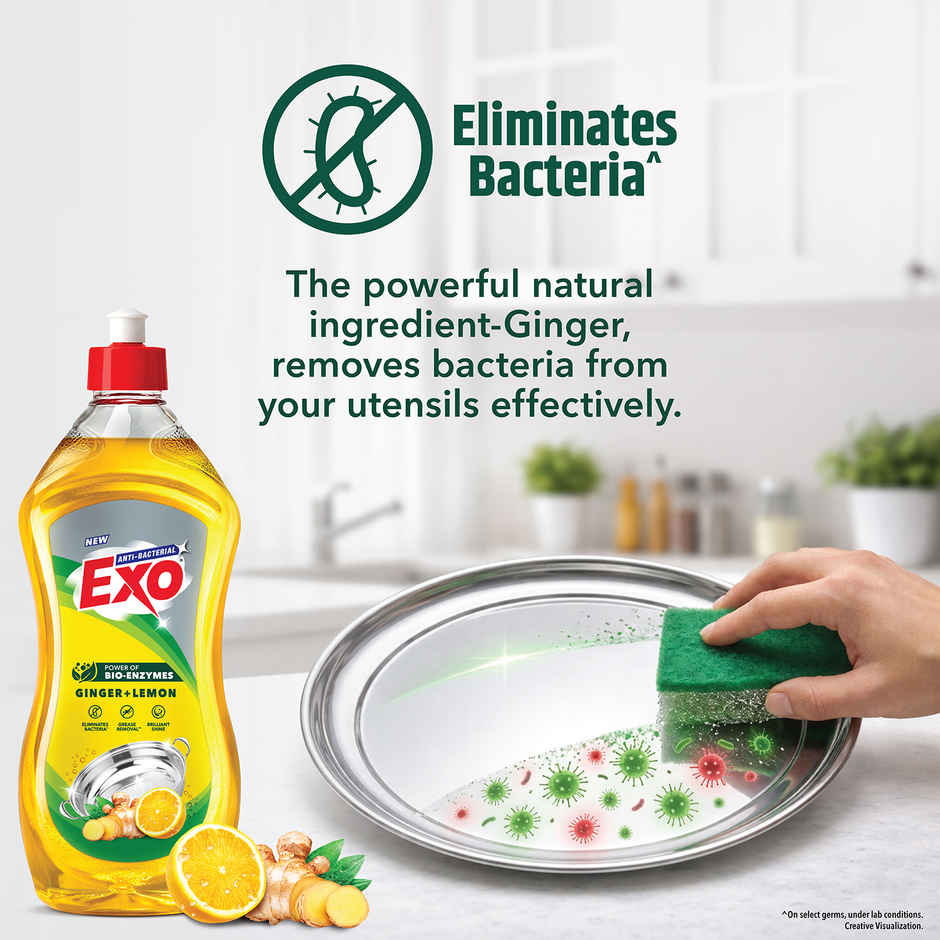 Exo Ginger & Lemon Anti Bacterial Dishwash Liquid | Tough Grease Removal with Power of Bio-Enzymes