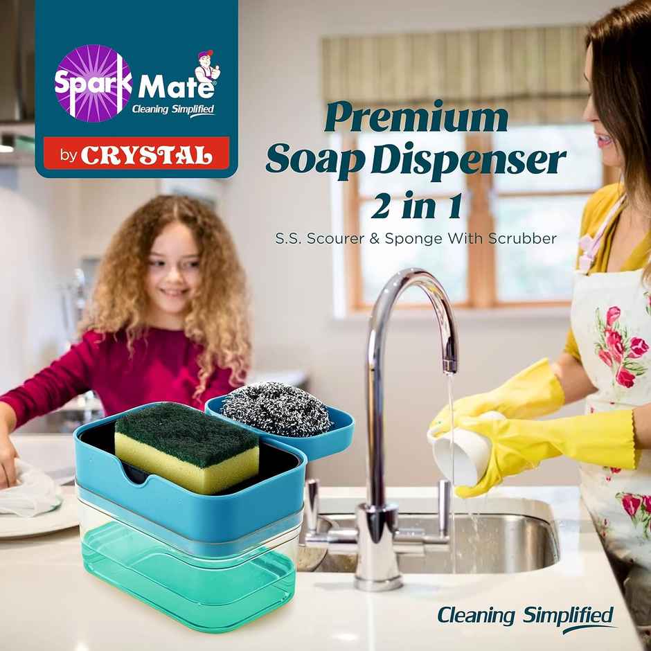 Sparkmate By Crystal Premium Soap Dispenser 2 In 1 - Ss Scourer & Sponge With Scrubber