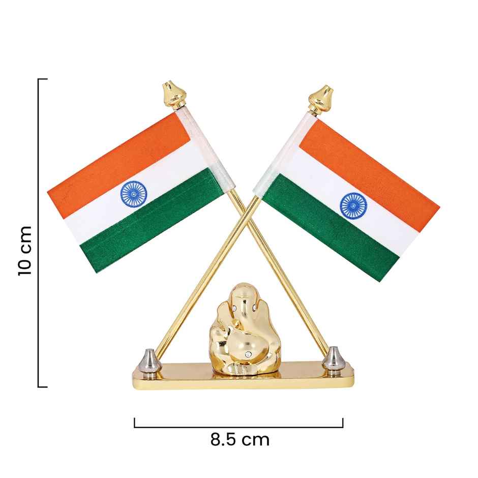 Voila Pair Indian Flag With Lord Ganesha Idol For Car Dashboard - Brass Metal Stand