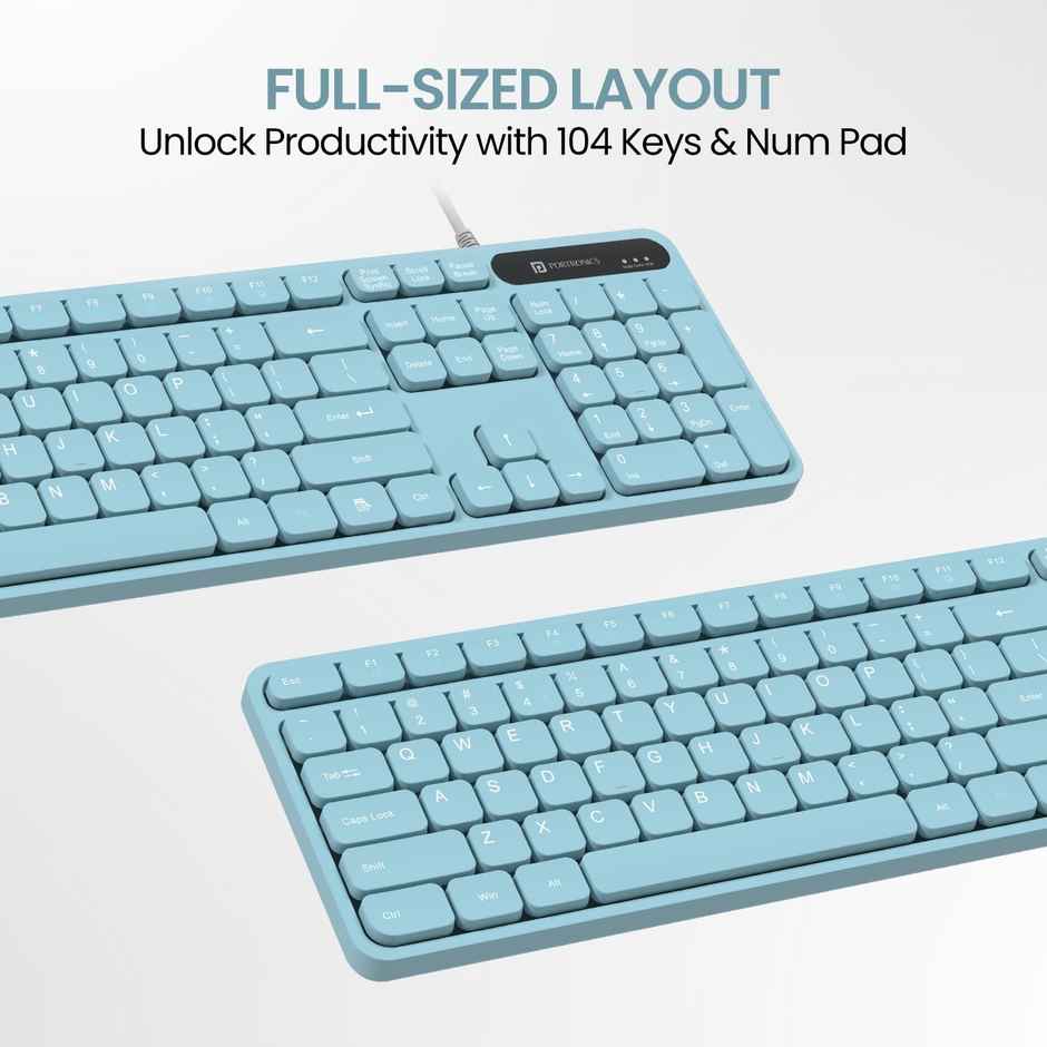Portronics Ki-Pad 3 USB Wired Keyboard with Large Keycaps, Noise-Free Typing, Fn Multimedia Hotkeys, Full-Size Layout with Num Pad, Ergonomic Design, 1.5m USB Cable, for Laptop, PC, Mac - Blue