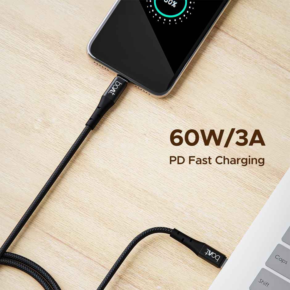boAt Type-C C300 Tangle-Free, Sturdy w/60W/3A PD C to C Fast Charging Cable, Compatible w/Xiaomi, Oneplus, Samsung, Vivo & Oppo, 480 Mbps Data Transmission Speed, Nylon Braided Skin & 1.5m Length - Black