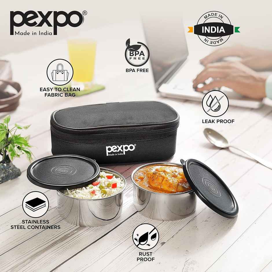 Pexpo Stainless Steel Lunch Box With 2 Leakproof Air-Tight Round Container & Cover Bag (Black) Nano