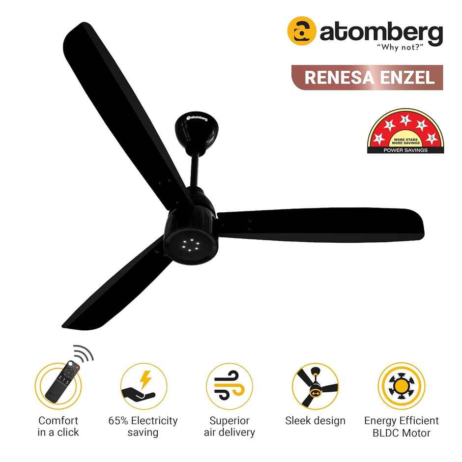 Atomberg Renesa Enzel BLDC Ceiling Fan,1200mm,Remote Control,BEE 5 Star,LED Indicators,Gloss Black
