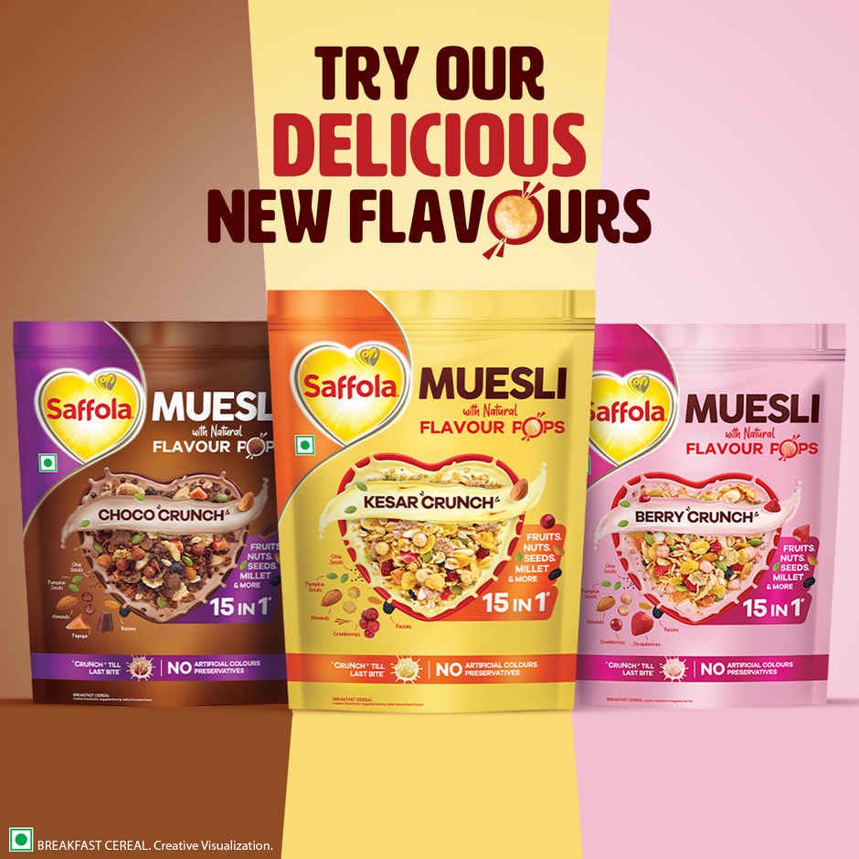Saffola Muesli Kesar Crunch With Flavour Pops, Fruits, Nuts, Seeds, Millets (15 In 1)