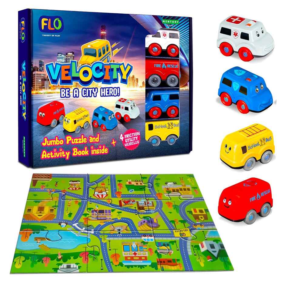 Flo Toys Velocity Rescue Vehicle Puzzle Set - 4 Friction Cars, Floor Puzzle & Storybook for Kids 5+